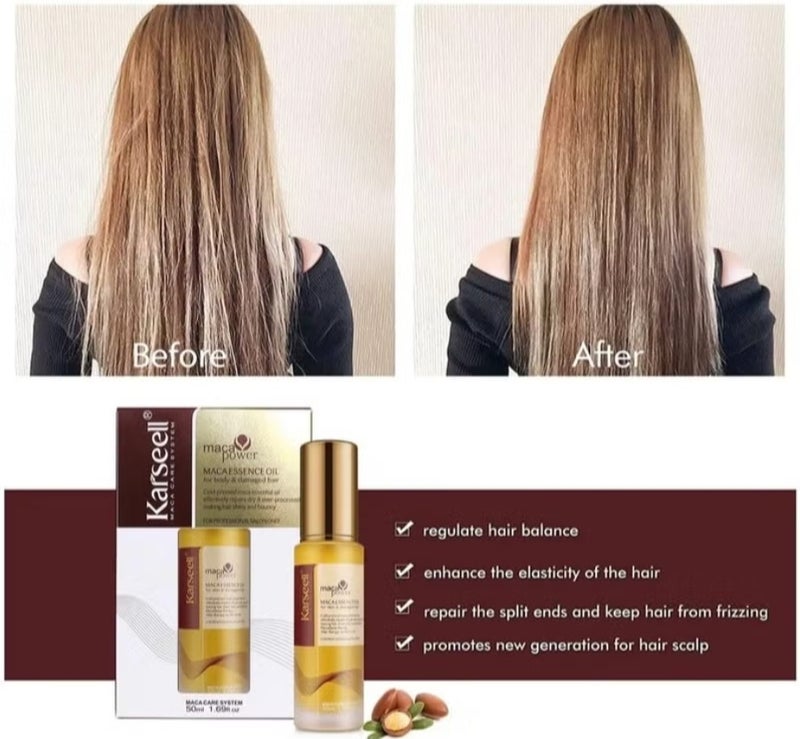 Karseell Maca Essence Oil Argan Oil Hair Serum – Cold Pressed, Weightless & Non-Greasy, Repairs Dry & Damaged Hair, Frizz Control & Shine, 50ml - Image 4